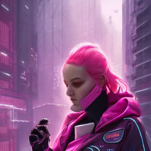 Prompt: a beautiful nord woman cyberpunk wearing detailed pink techwear jacket, by raymond swanland and jia ruan, featured on artstation