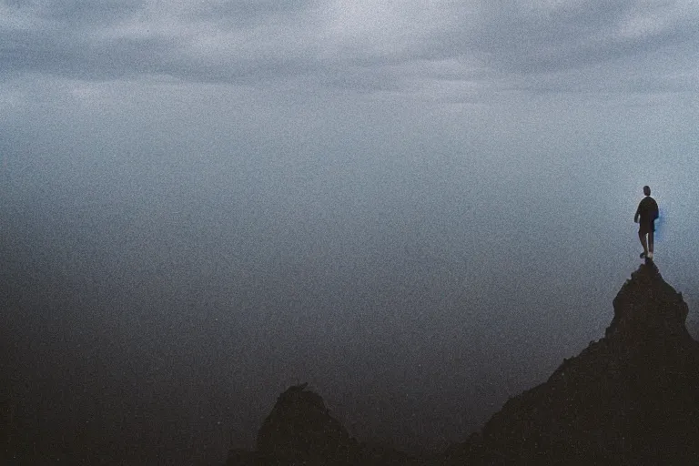 Image similar to gigachad on top of a tall mountain, blue fog, tornadoes surrounding, film photography, soft lighting, vignette