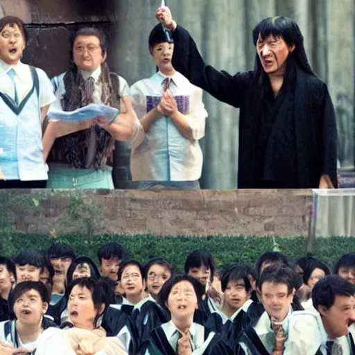 Prompt: Jackie Chan as Dumbledore giving a speech to the students