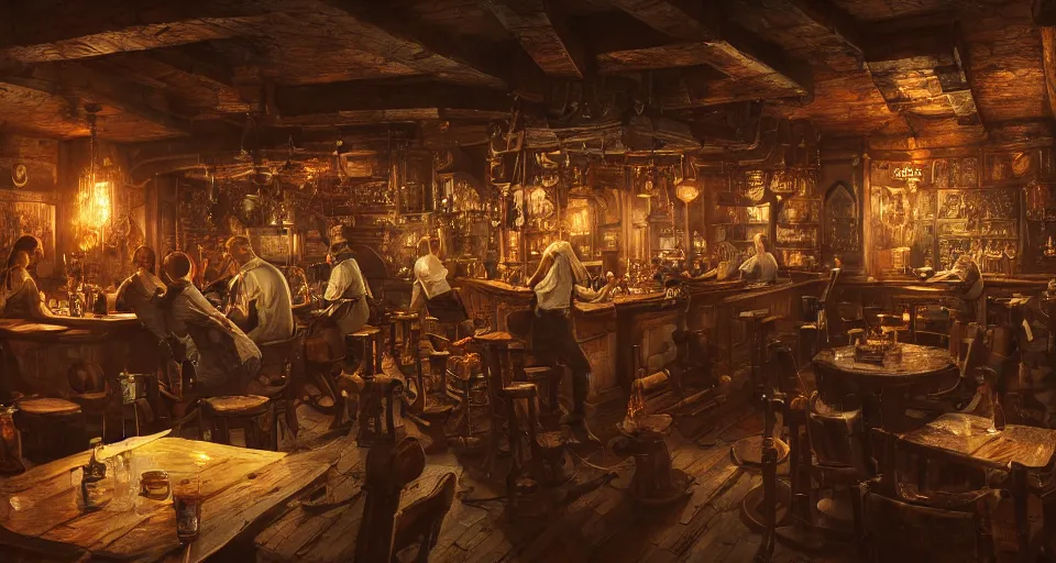 Image similar to alchemy tavern, hyperdetailed, artstation, cgsociety, golden hour 8 k, volumetric lighting, could tones