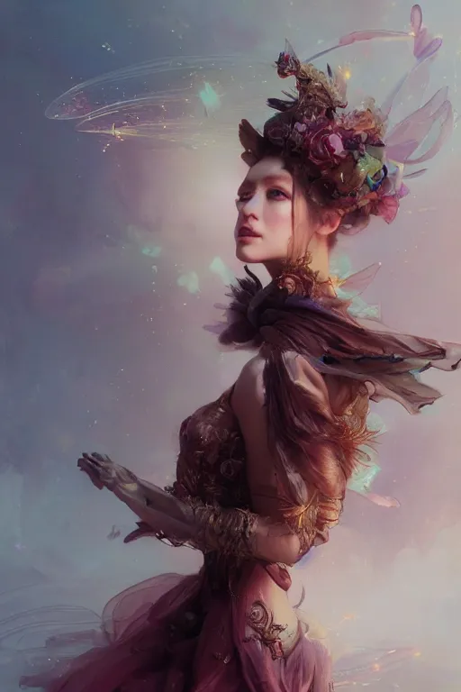 Image similar to face closeup beautiful girl fairy wearing velvet dress, 3 d render, holding electricity, hyper realistic detailed portrait, ruan jia, wlop, fantasy, hyper detailed, octane render, concept art, ornaments, mucha vibe, dieselpunk, solarpunk, artstation, peter mohrbacher