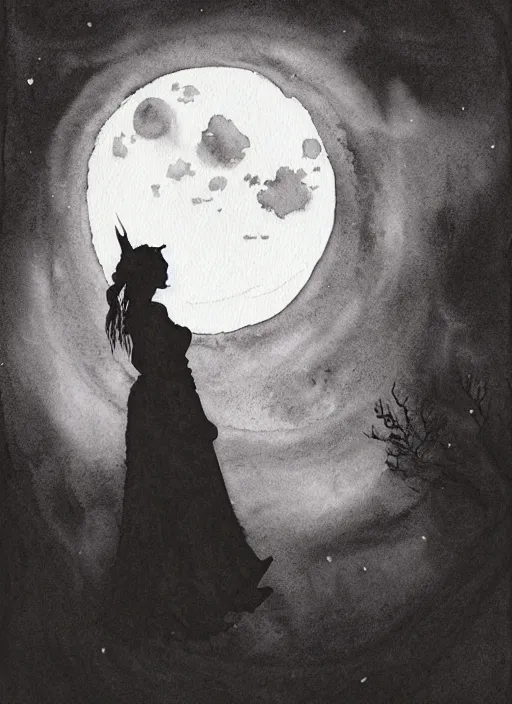 Prompt: portrait, silhouette of a witch in front of the full big moon, watercolor, dramatic lighting, cinematic, establishing shot, extremly high detail, foto realistic, cinematic lighting, pen and ink, intricate line drawings, by Yoshitaka Amano, Ruan Jia, Kentaro Miura, Artgerm, post processed, concept art, artstation, matte painting, style by eddie mendoza, raphael lacoste, alex ross