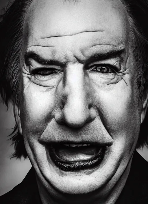 Image similar to photo of Alan Rickman as the Joker by Lee Jeffries and Eolo Perfido, grotesque smile, detailed, award winning, Sony a7R