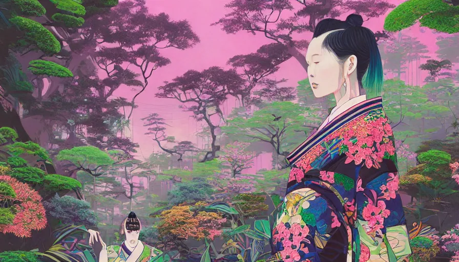 Image similar to a digital painting of a magical japanese temple with a woman wearing gucci exploring, lush plants and flowers, eco - cyberpunk art by james jean, cgsociety, retrofuturism, anime aesthetic, chromatic, iridescent, uhd