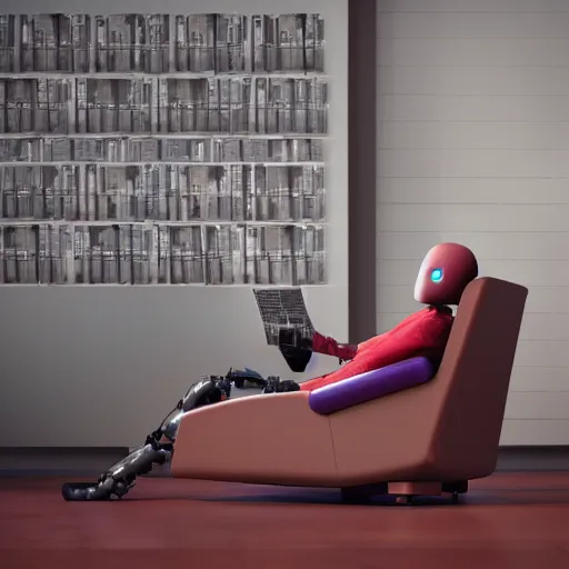 Image similar to futuristic studious matte brown and red full-body humanoid robot with two huge round expressive sad purple glowing LED eyes and open rectangular mouth sitting on a large comfortable cushioned 1950s vintage recliner reading a newspaper. open newspaper. Cinematic Movie Photograph, Arri Alexa, Extremely Detailed, smooth, very very clean, 8K, octane render, maya render, unreal engine, trending on artstation, DSLR, excellent composition, center frame