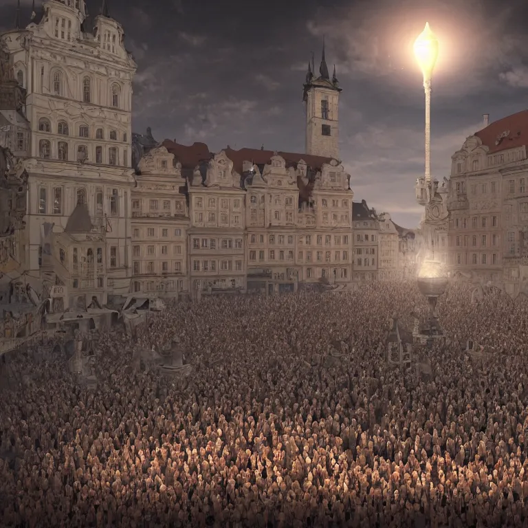 Image similar to shocked crowds of people witnessing ufo flying saucer landing in 1493 in Prague, column of light, beautiful detailed intricate insanely detailed 3D render digital art, octane render, 8K artistic portrait photography, photorealistic digital art, realistic volumetric lighting