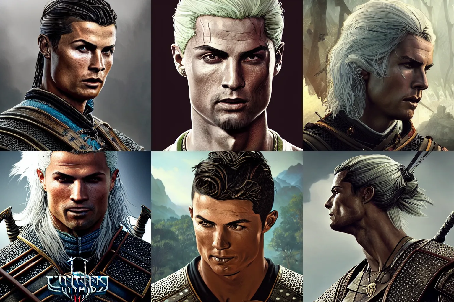 Prompt: Cristiano Ronaldo The Witcher 3 character, highly detailed, digital fantasy character, painted portrait, artstation, concept art, hard focus, illustrations, works by Artgerm and Greg Rutkowski, Alphonse Mucha and Craig Mullins, James Jean, Andrey Ryabovichev, Mark Simonetti and Peter Morbacher, 16k,