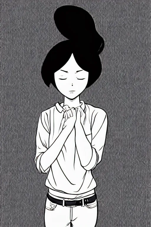 Image similar to portrait of a girl in long pants and a top, hands in pockets, eyes closed, bob haircut, digital art, black and white, lineart by junji ito and kaoru mori