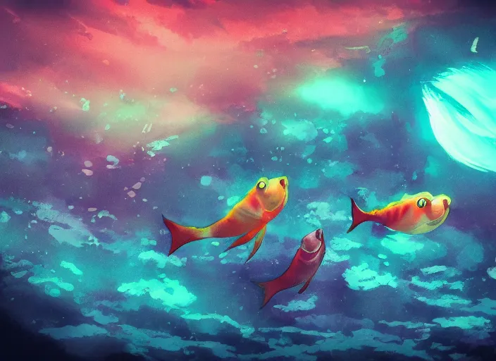 Image similar to underwater moonins looking at colorful bioluminescent fishes in the sky, hd-photography, trending on artstation