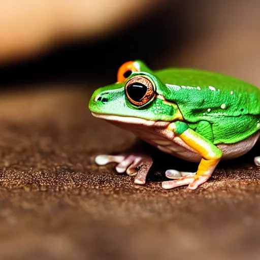 Prompt: a tiny frog sitting on a mushroom, professional closeup photo