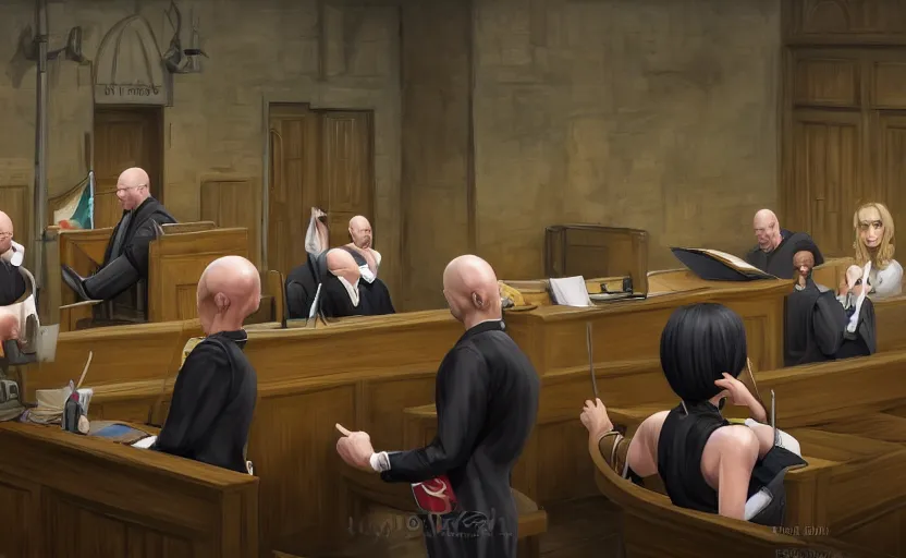 Prompt: courtroom, trial of a bald man! in a skirt! and black stockings!!, no blur, 4 k resolution, ultra detailed, style of marc simonetti, tyler edlin, deviantart