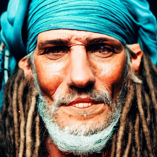 Prompt: photo of an old and very skinny pirate from 18 century, olive skin, long dreads white hair and medium white beard with face tattoos and crooked teeth, wearing an eyepatch and a headband, cinematic lighting, sigma lens, 70mm bokeh, flickr, teal and orange color graded