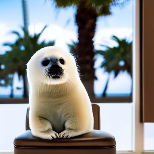 Image similar to a baby harp seal sitting near a box marked top secret, sitting on a beautiful dark leather chair at a luxury resort, palm trees outside the windows, panasonic, photo, gentle bokeh