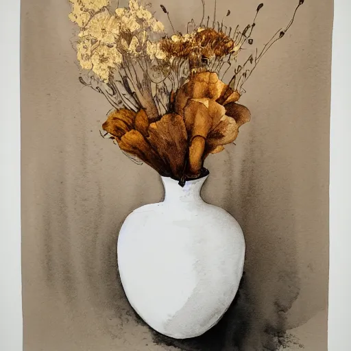 Prompt: monochrome sepia watercolor high vase with dry flowers