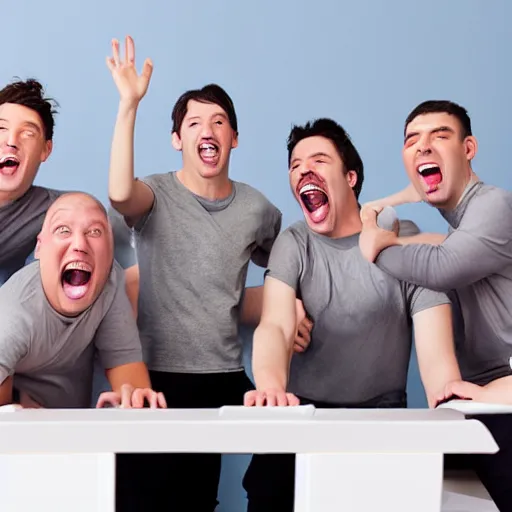 Image similar to several guys typing on keyboard while laughing very hard, mouth wide open tsticking tongues out, studio light, grey background, centered, photorealsitic