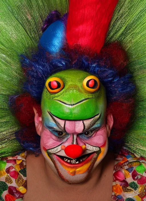 Image similar to Clown Frog King, clown world, clown makeup and rainbow wig, portrait by Giuseppe Arcimboldo