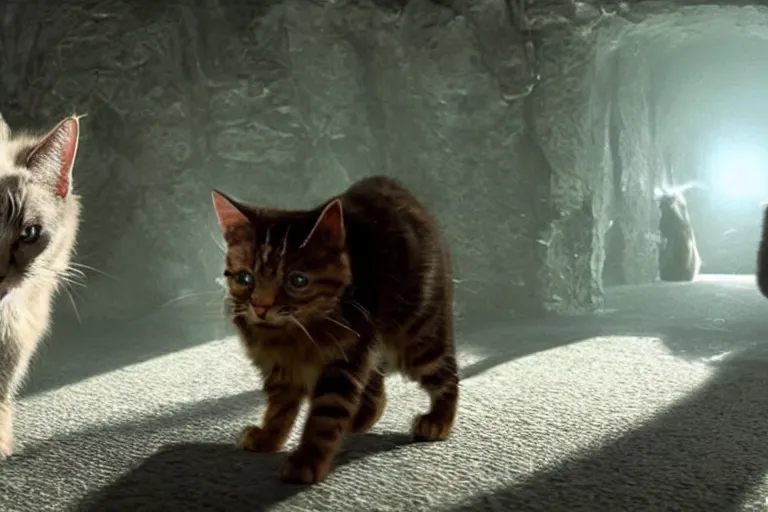 Image similar to futuristic VFX movie of a cat walking through a wizards magic underground lair,natural lighting by Emmanuel Lubezki