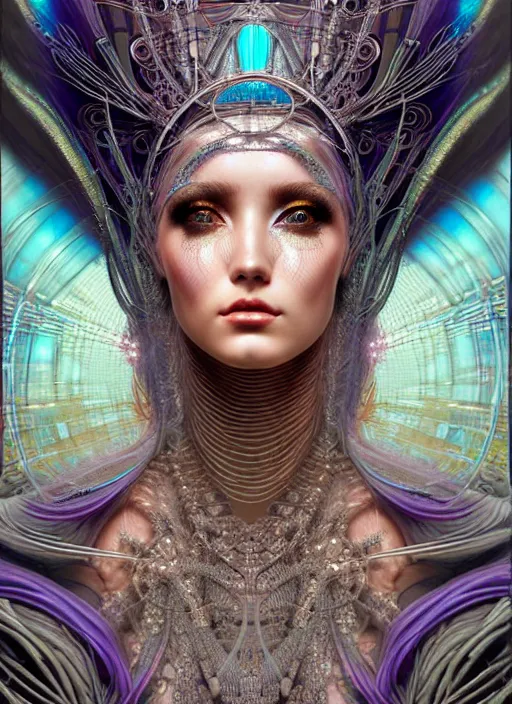 Image similar to hyperrealistic detailed portrait of a beautiful goddess in an iridescent cyber headdress, intricate cyberpunk make - up, art by android jones, john william godward, nekro borja, alphonso mucha, h. r. giger, ornamental gothic - cyberpunk,