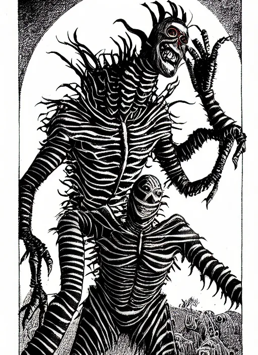 Prompt: michael keaton as beetlejuice, as a d & d monster, full body, pen - and - ink illustration, etching, by russ nicholson, david a trampier, larry elmore, 1 9 8 1, hq scan, intricate details, inside stylized border