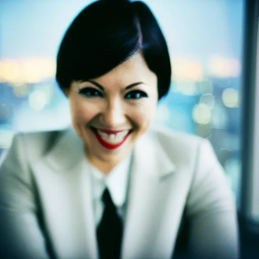 Prompt: a portrait photograph of a smug woman executive in a business dress in a board room with vampire fangs, black hair, dof, low light, highly detailed, night skyline outside window in background, 4 k, cinestill 8 0 0 t, exif, photography by andreas franke