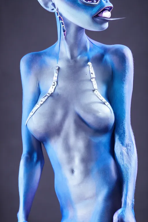 Image similar to beautiful studio portrait of 4 eyed blue alien woman, wearing an outfit made from plutonium, silicone skin, symmetrical face, piercings resembling plasma jets, the 5 th element, cinematrographic, elegant, soft shapes, sharp details, 3 5 mm, f / 2 4