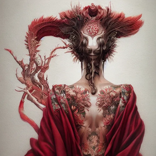 Prompt: ultra realistic illustration, beautiful ethereal woman dressed in red kimono, backview, tattoos, in the style of peter mohrbacher by weta digital and beth cavener, high face symmetry, intricate, masterpiece, award winning, high face symmetry, intricate