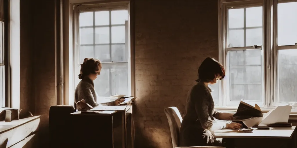 Prompt: a woman sitting a desk next to a window, reading a letter, warm, happy, sunlight, medium shot, realistic