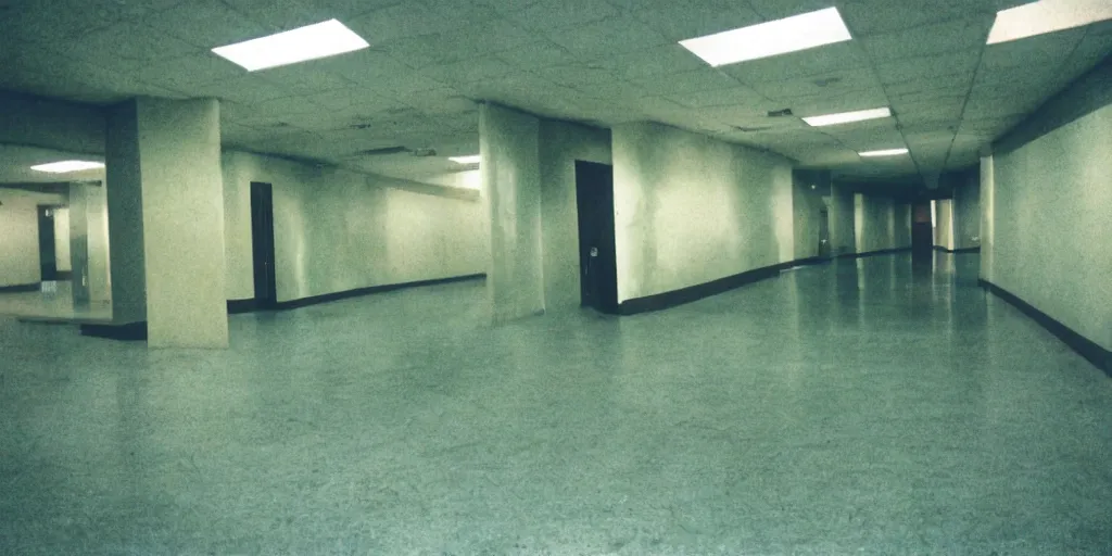 Image similar to a weird place full of people but now empty with eerie feeling, disposable colored camera, camera flash, house, mall, hallway, playground, office