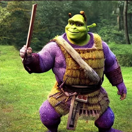 Image similar to photo of shrek using samurai armor