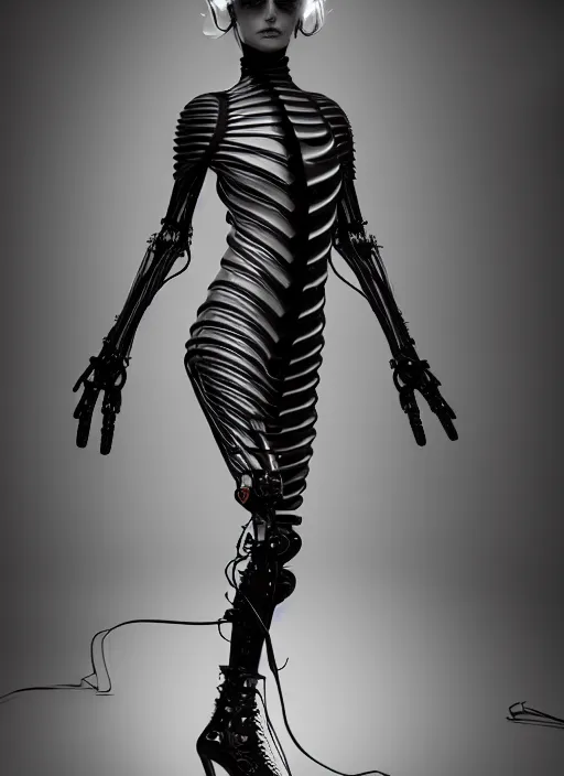 Image similar to catwalk, iris van herpen gothic inflateble dark dress, perfect symmetrical body, helmet on face, full body shot, inflateble shapes, wires, tubes, veins, jellyfish, white biomechanical details, wearing epic bionic cyborg implants, masterpiece, intricate, biopunk, vogue, highly detailed, artstation, concept art, cyberpunk, octane render