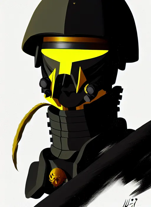 Image similar to anime portrait of a vicious helldiver scout soldier, black armor with yellow accents, full body illustration, head to toe, ilya kuvshinov, anime, pixiv top monthly, trending on artstation, cinematic, danbooru, zerochan art, kyoto animation