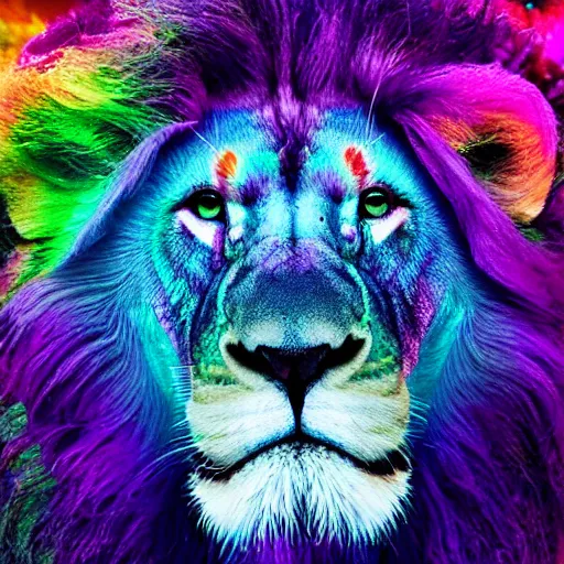 Image similar to a purple lion - like creature, engulfed in glowing iridescent alien flora, with strange rainbow alien flowers, dramatic, award - winning photography