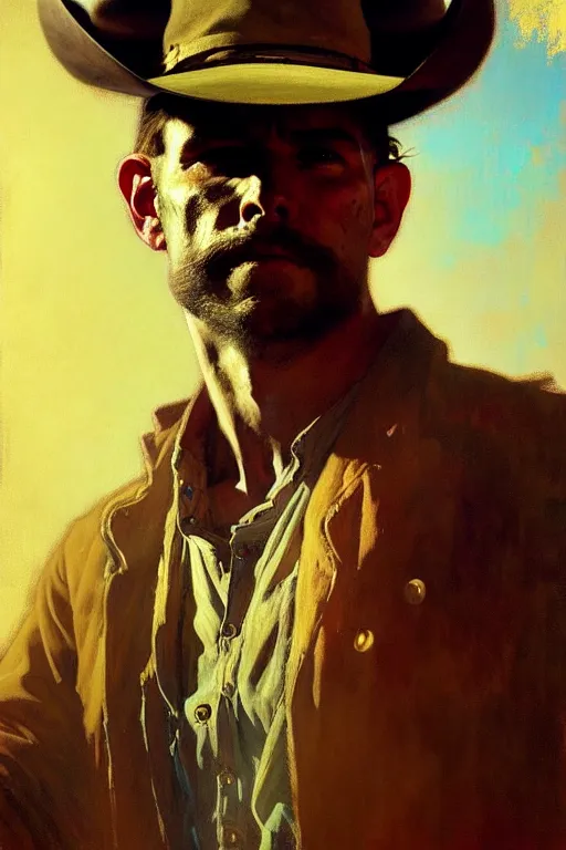 Image similar to hyperrealist portrait of a cowboy by jeremy mann and alphonse mucha, fantasy art, photo realistic, dynamic lighting, artstation, poster, volumetric lighting, very detailed faces, 4 k, award winning