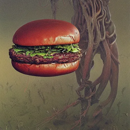 Image similar to a hyperrealistic painting of a burger filled with alien plants and disturbing meat, by john kenn mortensen and zdzislaw beksinski, highly detailed, vivid color,