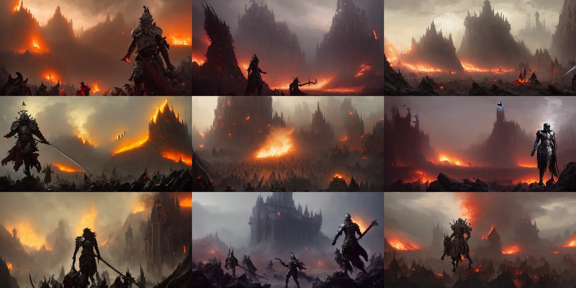 Prompt: male warrior silver armor, sword, fantasy, piles of bodies, fire, smoke clouds, particles, village castle on fire in distance, digital illustration, extreme long shot, ruan jia, greg rutkowski, raphael lacoste, wlop, yuumei, marc simonetti, artgerm, tom bagshaw