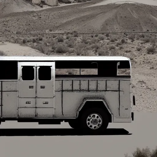 Prompt: silver school bus in the desert parked by a hot spring, sage brush, moonlit, ultra detailed, 8 k, trending on artstation, award - winning art,