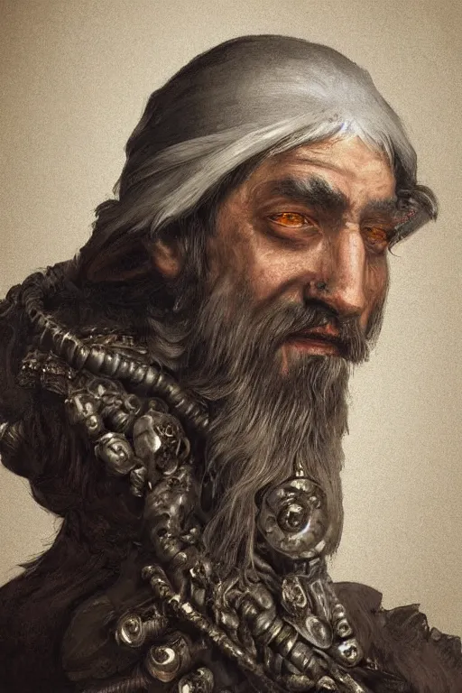 Prompt: portrait, headshot, digital painting, of a old 17th century, bearded cyborg merchant, amber jewels, baroque, ornate clothing, realistic, hyperdetailed, chiaroscuro, concept art, art by Franz Hals