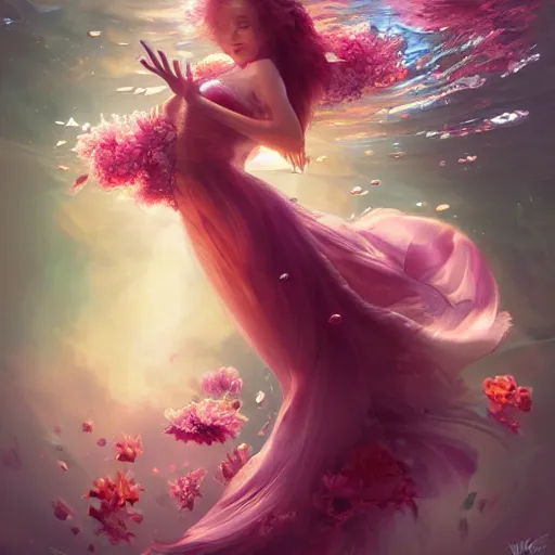 Image similar to Ginger woman in a swirling sundress of flowers, underwater, floral explosion, radiant light, vortex of plum petals, by WLOP and artgerm, artstation, deviantart, pixiv