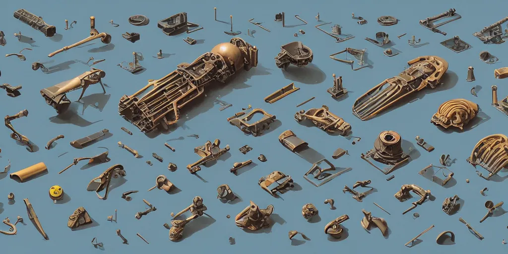 Image similar to collection of exploration of form and shapes, moebius, engine, props, hard surface, panel, simon stalenhag, kitbash, items, gadget, big medium small, close up, vehicles, futuristic, parts, machinery, greebles, insanely detailed, case, hardware, golden ratio, wes anderson color scheme, in watercolor gouache detailed paintings, sleek design, clear