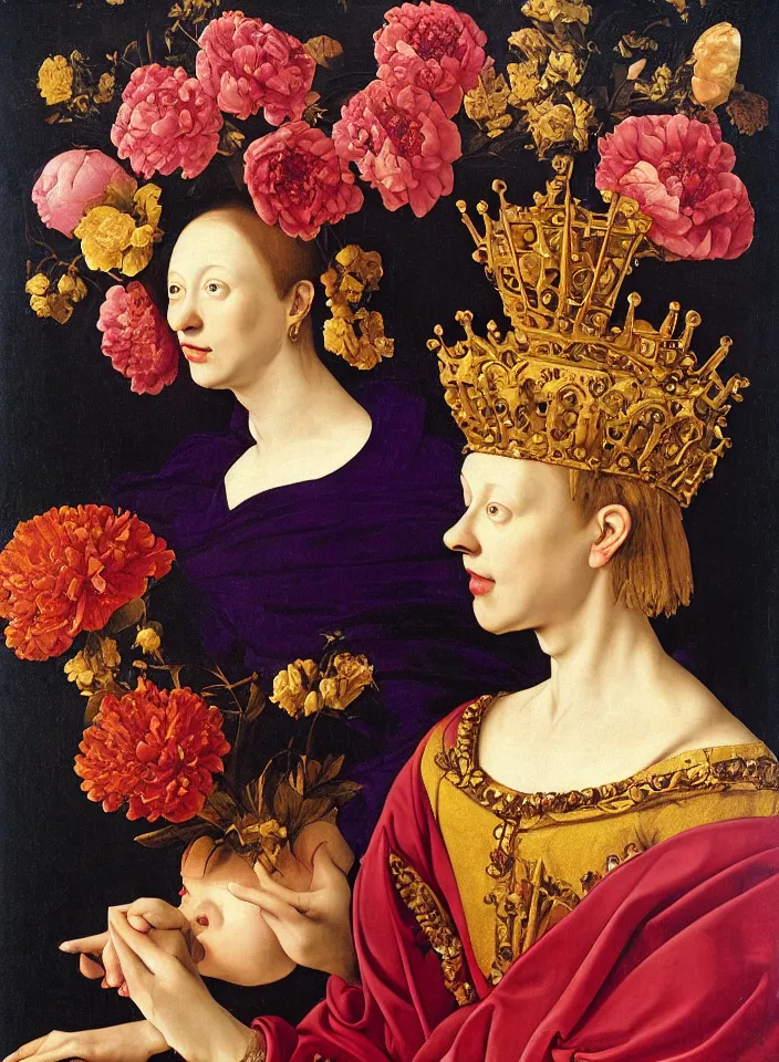 Image similar to portrait of a woman with a golden skull instead of a head with a big crown and in a dress of big purple peony petals, oil painting in a renaissance style , very detailed, red background, painted by Caravaggio.