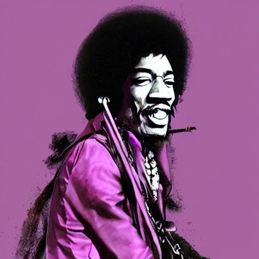 Image similar to Jimi Hendrix riding on the back of an enormous purple dragonfly, Digital realistic detailed art trending in Artstation.