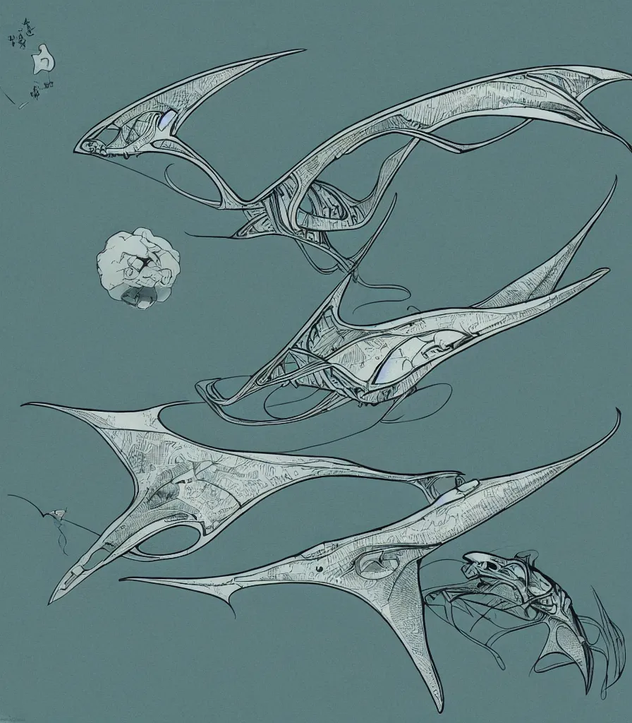 Image similar to brilliant alien manta ray in the sky color scientific illustration by Ernst Haekel, Hayao Miyazaki, color illustration with orthographic views