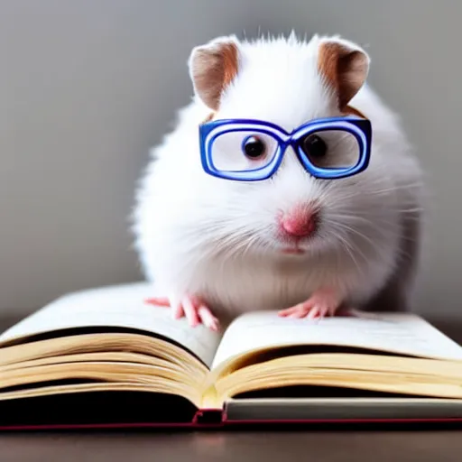 Prompt: white hamster with clear glasses, studying a giant book