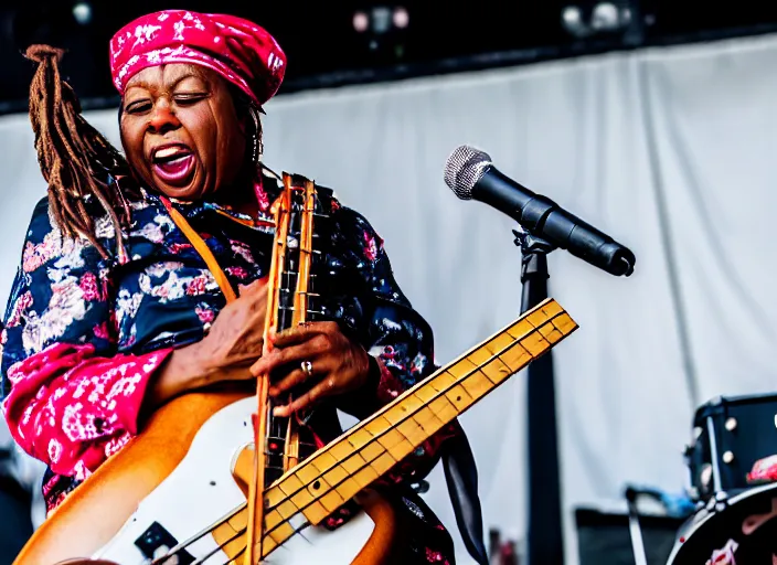 Prompt: photo still of aunt jemima in period attire at vans warped tour!!!!!!!! at age 4 0 years old 4 0 years of age!!!!!!! on stage slappin bass guitar, 8 k, 8 5 mm f 1. 8, studio lighting, rim light, right side key light