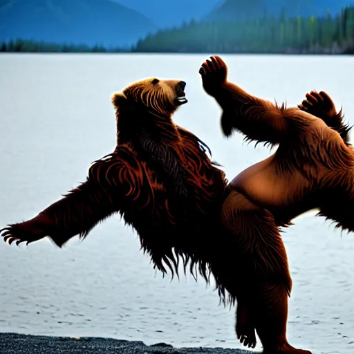 Image similar to kodiak bears kung - fu fighting with lightsabers on a lakefront, dusk,