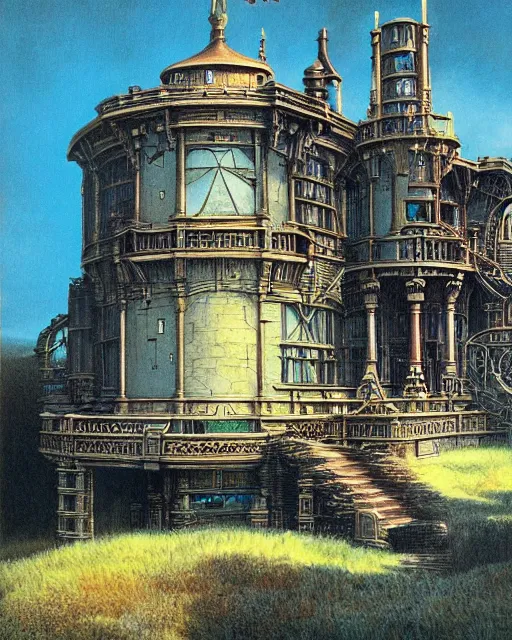 Prompt: steampunk mansion by ralph mcquarrie and frank lloyd frank lloyd and bruce pennington and ted nasmith