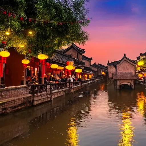 Image similar to peaceful ancient water town in the south of china, zhouzhuang ancient town, sunset glow, movie style