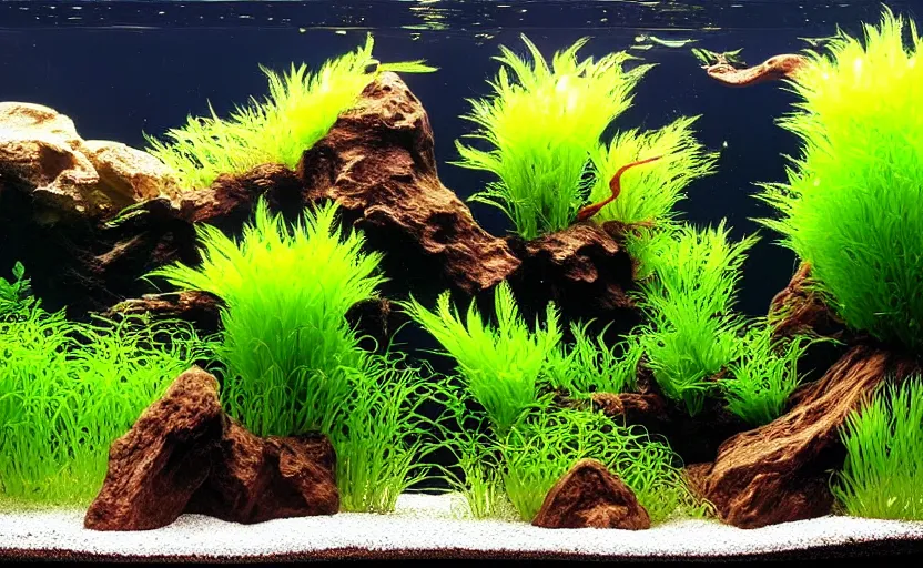 Prompt: iwagumi aquascape,!! takeshi amano!!, seiryu stone, rotala rotundifolia, anubias nana