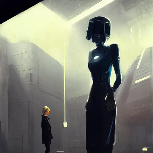 Image similar to scifi art by greg rutkowski, a very tall and slender woman with blond hair, talking to a very tall and slender man with short black hair, brutalist futuristic interior, dark lighting atmosphere, detailed portraits, nostalgic atmosphere, scifi, digital painting, artstation, concept art, smooth, sharp foccus ilustration, artstation hq