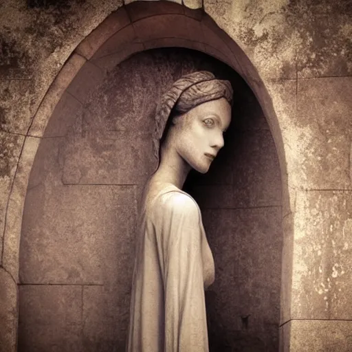 Image similar to delicate Beautiful ancient young woman near giant mysterious and eerie mausoleum, extremely high detail, photo realistic, cinematic, dramatic, post processed